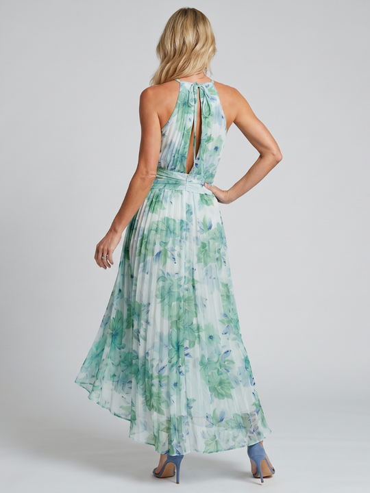 Pleated Floral Halter Midi Dress