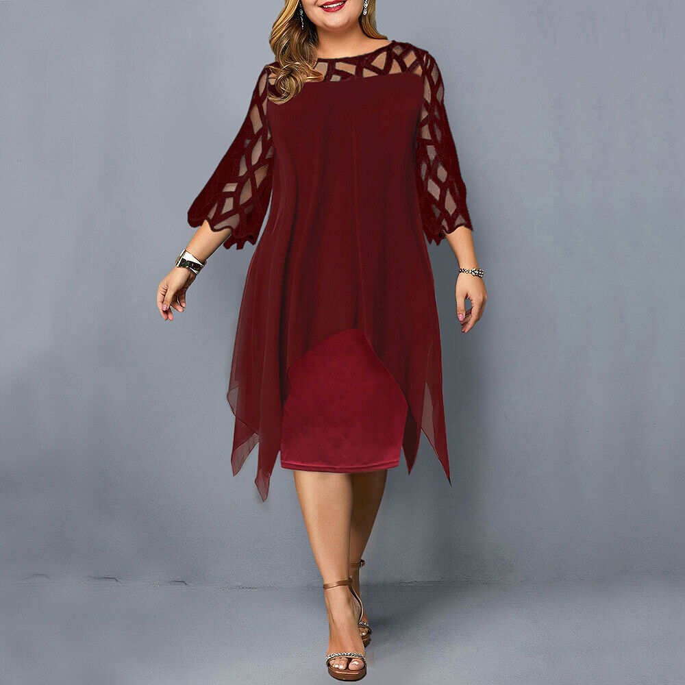 Plus-Size Lace and Tulle Midi Evening Dress