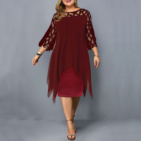 Plus-Size Lace and Tulle Midi Evening Dress
