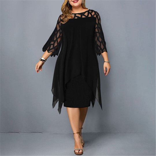 Plus-Size Lace and Tulle Midi Evening Dress