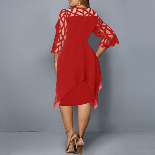 Plus-Size Midi Dress with Lace Sleeves