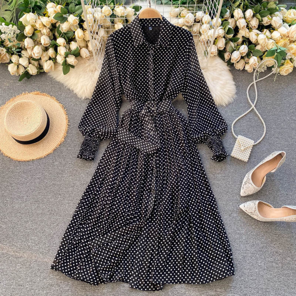 Polka-Dot Pleated Maxi Shirt Dress – Long Sleeves and Waist Belt