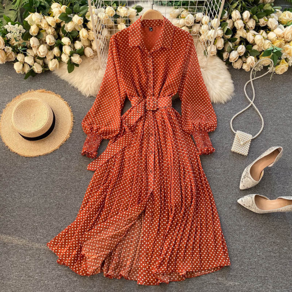 Polka-Dot Pleated Maxi Shirt Dress – Long Sleeves and Waist Belt