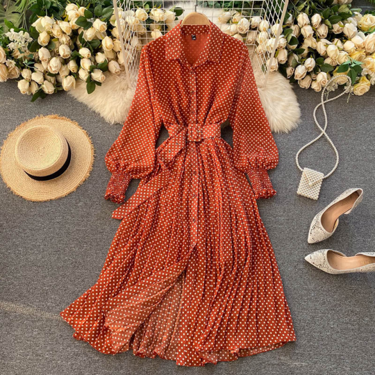 Polka-Dot Pleated Maxi Shirt Dress – Long Sleeves and Waist Belt