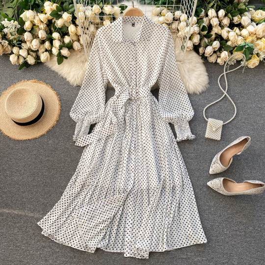 Polka-Dot Pleated Maxi Shirt Dress – Long Sleeves and Waist Belt