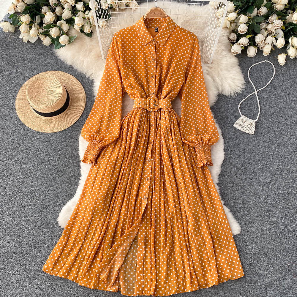 Polka-Dot Pleated Maxi Shirt Dress – Long Sleeves and Waist Belt
