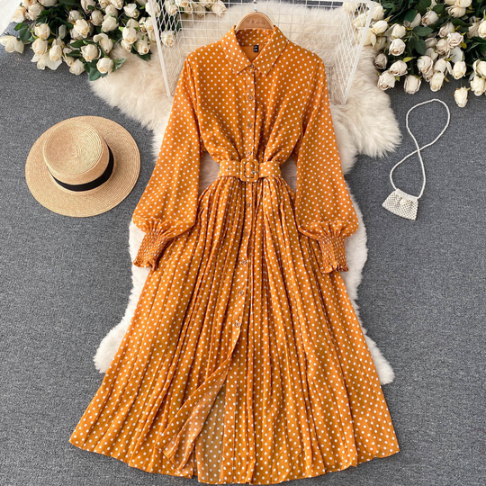 Polka-Dot Pleated Maxi Shirt Dress – Long Sleeves and Waist Belt