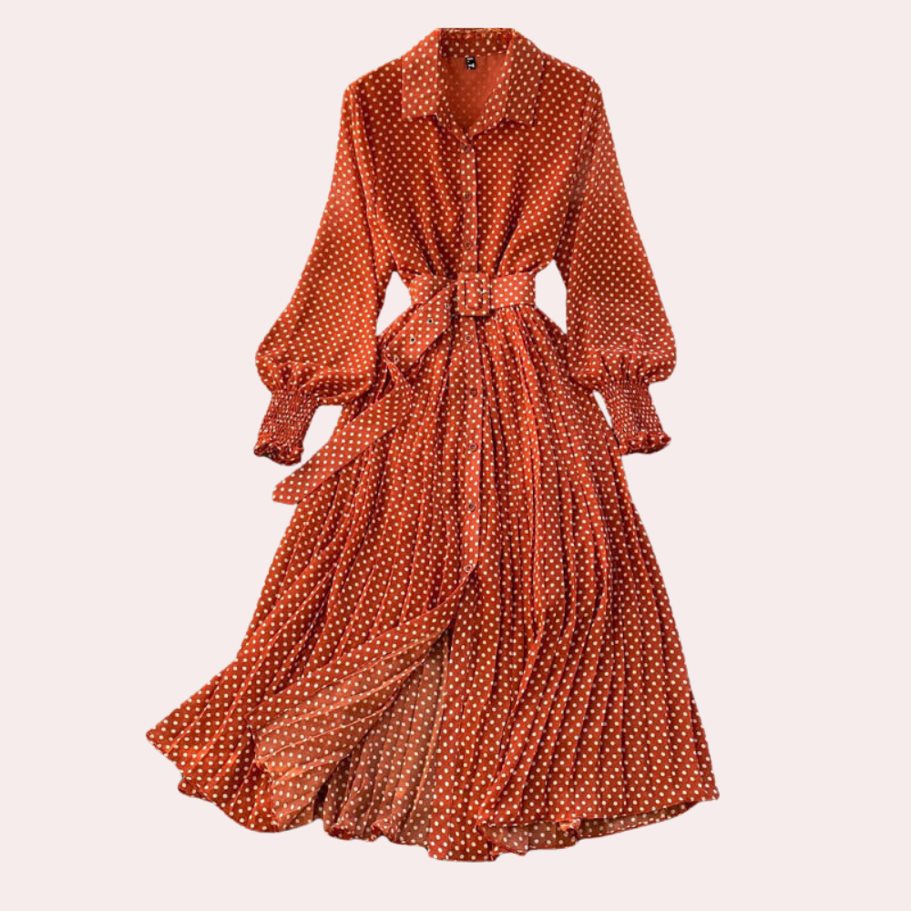 Polka-Dot Pleated Maxi Shirt Dress – Long Sleeves and Waist Belt
