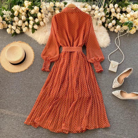 Polka-Dot Pleated Maxi Shirt Dress – Long Sleeves and Waist Belt