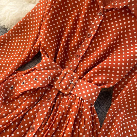 Polka-Dot Pleated Maxi Shirt Dress – Long Sleeves and Waist Belt