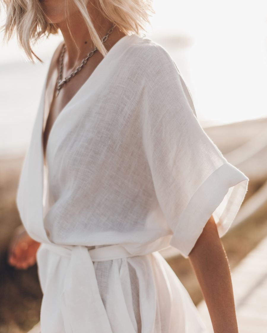 Printed Linen Kimono Dress – Wide-Sleeve Boho Summer Style