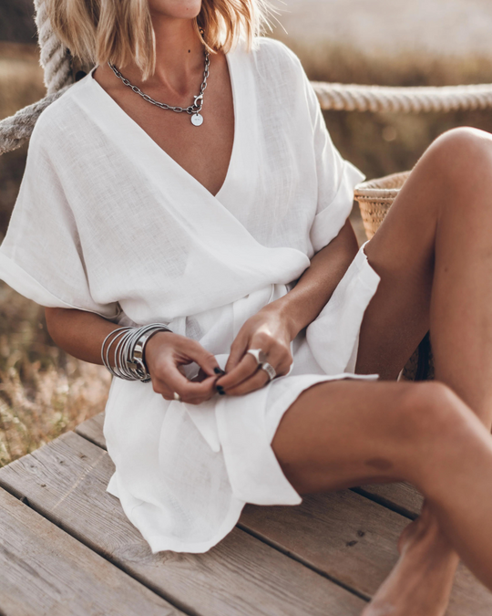 Printed Linen Kimono Dress – Wide-Sleeve Boho Summer Style