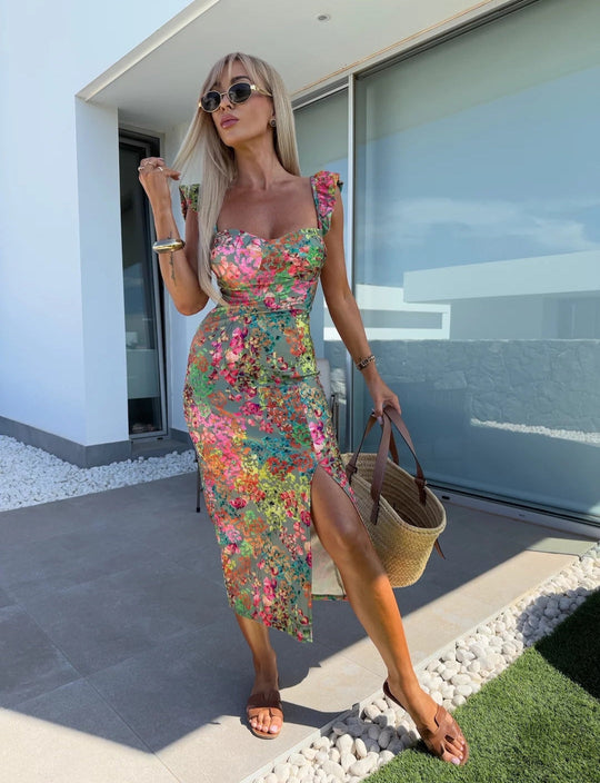 Printed Sweetheart-Neck Midi Dress with Ruffled Straps and Slit