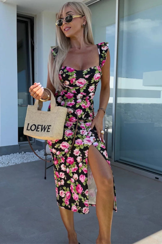 Printed Sweetheart-Neck Midi Dress with Ruffled Straps and Slit