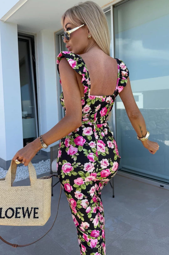 Printed Sweetheart-Neck Midi Dress with Ruffled Straps and Slit