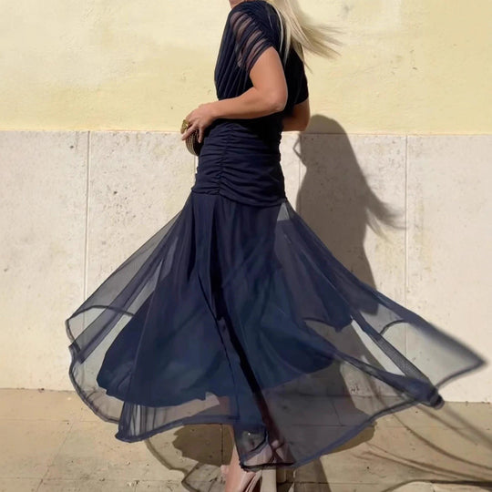 Rebeca Sheer-Sleeve Evening Dress – Deep V-Neck Fitted Style