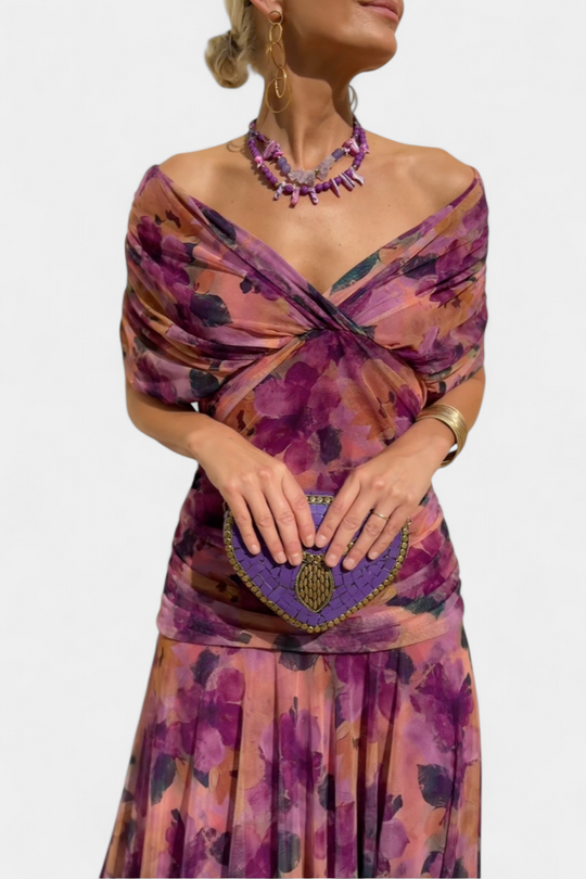 Rebeca Sheer-Sleeve Evening Dress – Deep V-Neck Fitted Style
