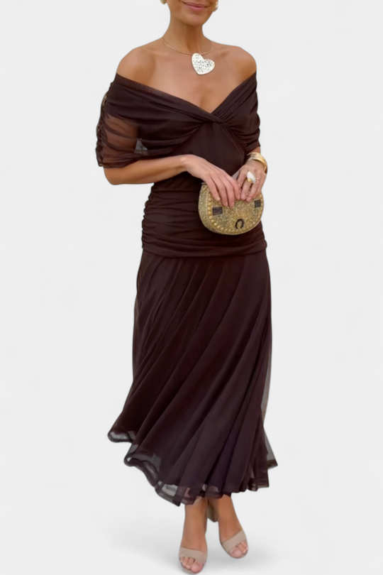 Rebeca Sheer-Sleeve Evening Dress – Deep V-Neck Fitted Style
