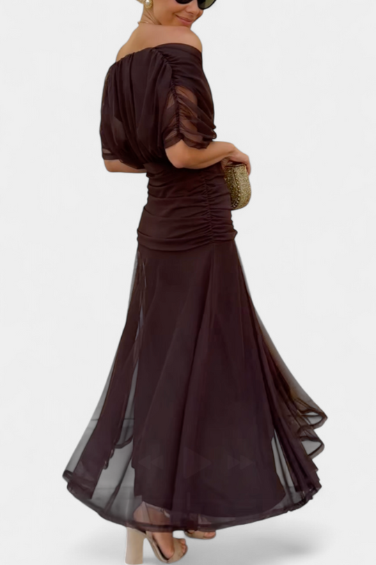 Rebeca Sheer-Sleeve Evening Dress – Deep V-Neck Fitted Style