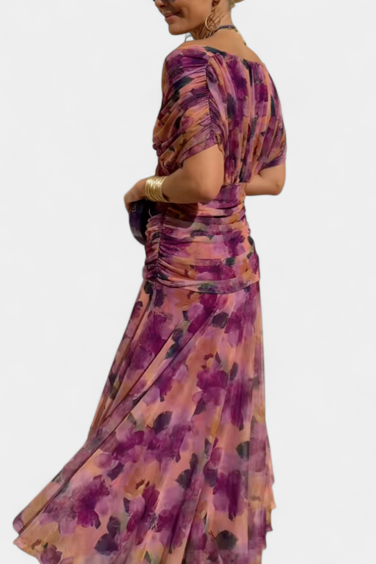 Rebeca Sheer-Sleeve Evening Dress – Deep V-Neck Fitted Style