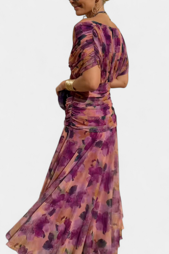 Rebeca Sheer-Sleeve Evening Dress – Deep V-Neck Fitted Style