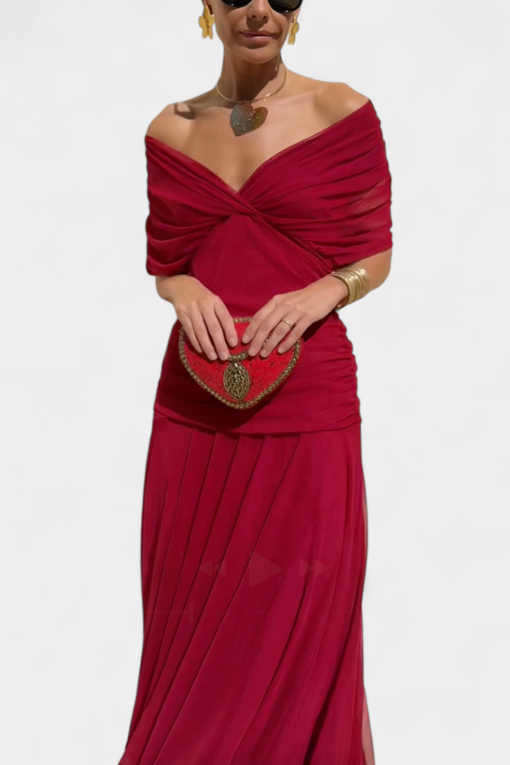 Rebeca Sheer-Sleeve Evening Dress – Deep V-Neck Fitted Style