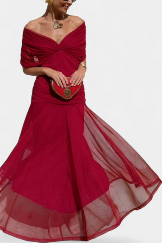 Rebeca Sheer-Sleeve Evening Dress – Deep V-Neck Fitted Style