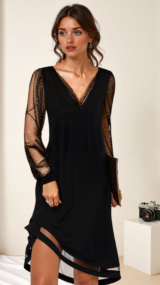 Relaxed Black V-Neck Midi Dress