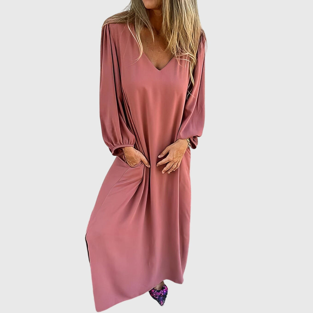 Relaxed Bohemian V-Neck Midi Dress with Pockets
