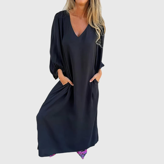 Relaxed Bohemian V-Neck Midi Dress with Pockets