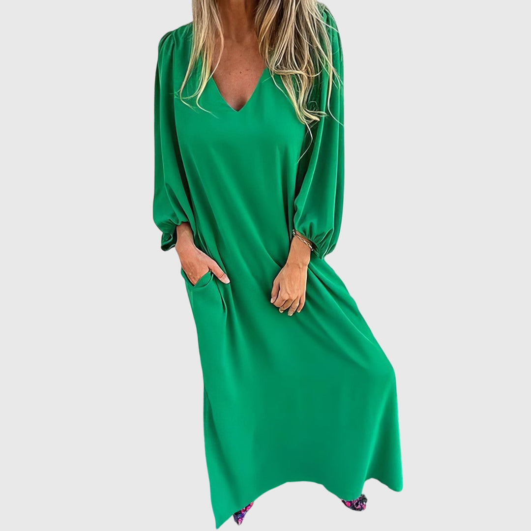 Relaxed Bohemian V-Neck Midi Dress with Pockets