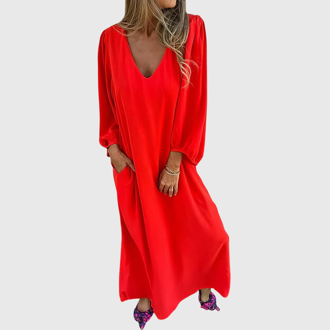 Relaxed Bohemian V-Neck Midi Dress with Pockets