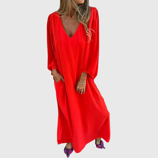 Relaxed Bohemian V-Neck Midi Dress with Pockets