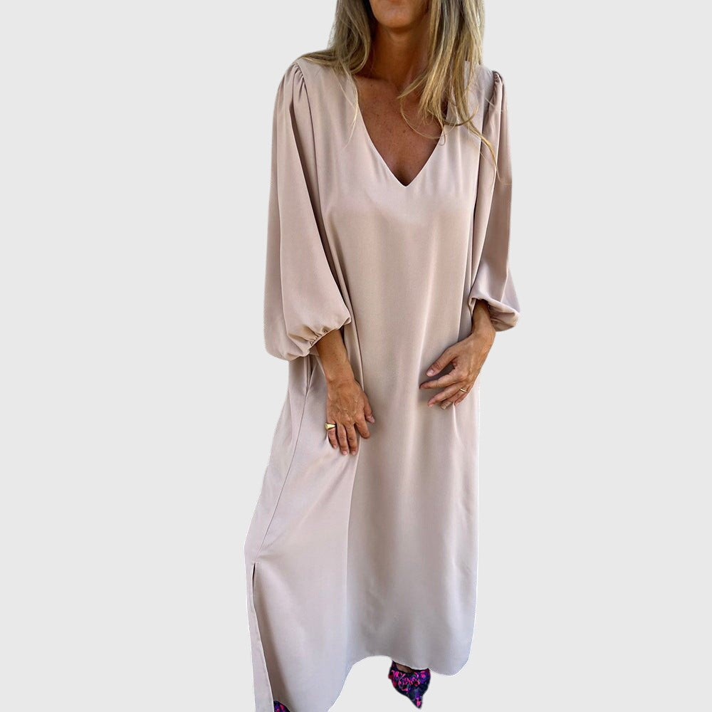 Relaxed Bohemian V-Neck Midi Dress with Pockets