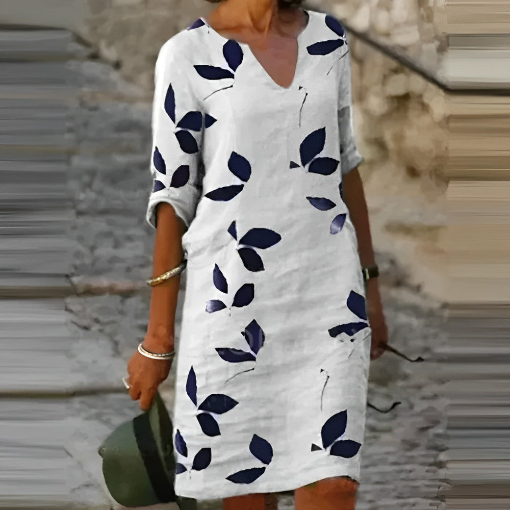 Relaxed Floral V-Neck Midi Dress with Short Sleeves