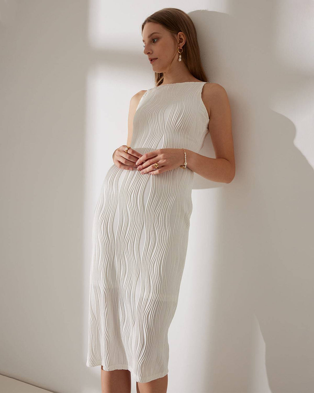 Ribbed Midi Dress with Pearl-Embellished Straps