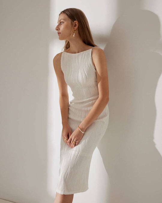 Ribbed Midi Dress with Pearl-Embellished Straps
