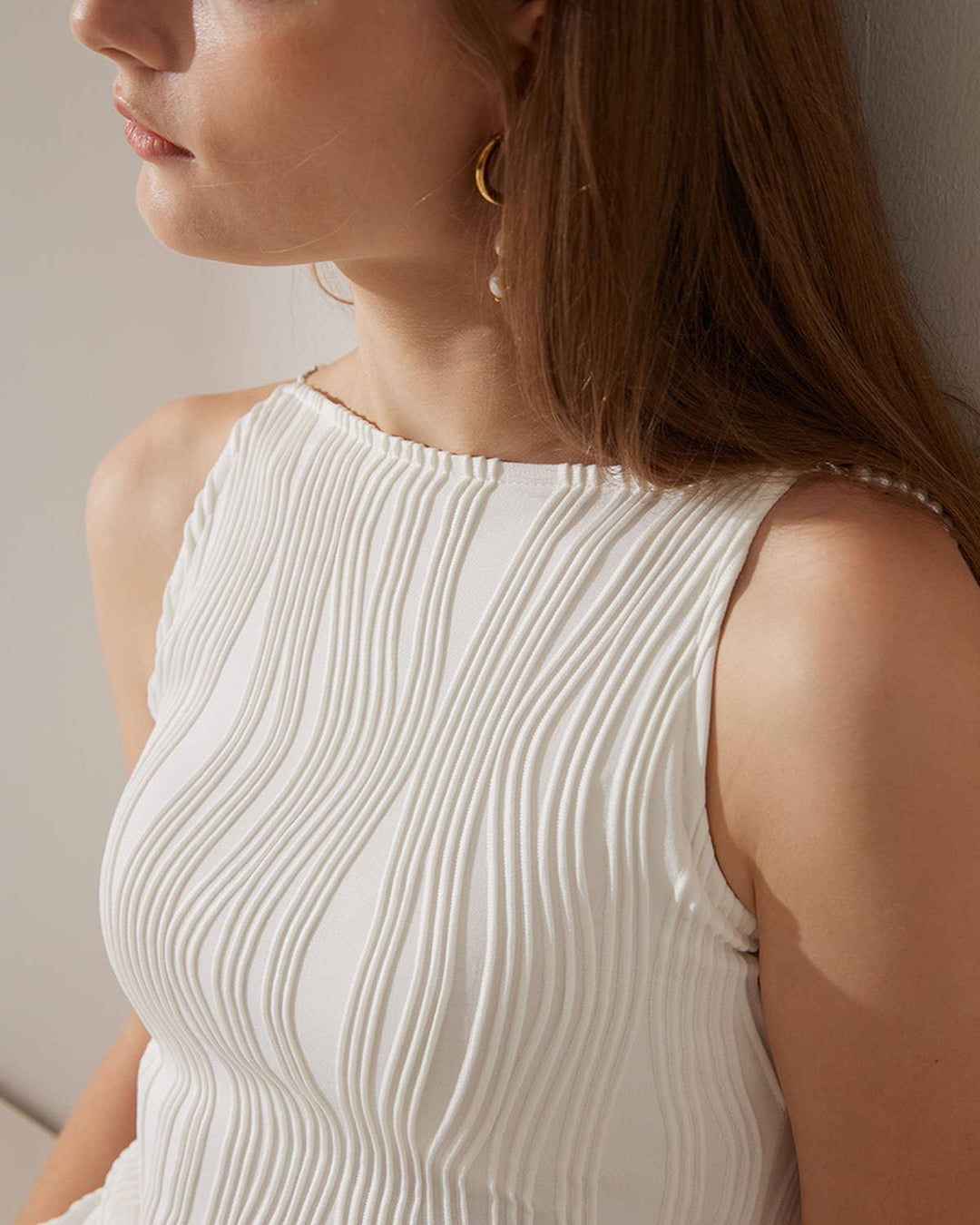Ribbed Midi Dress with Pearl-Embellished Straps