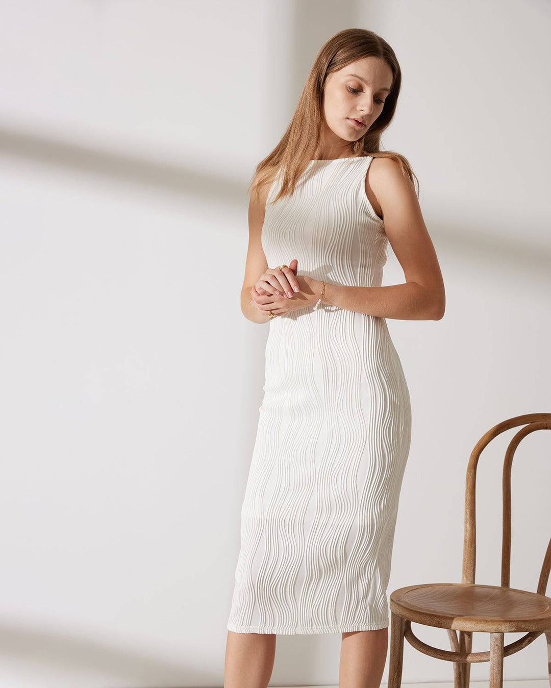 Ribbed Midi Dress with Pearl-Embellished Straps