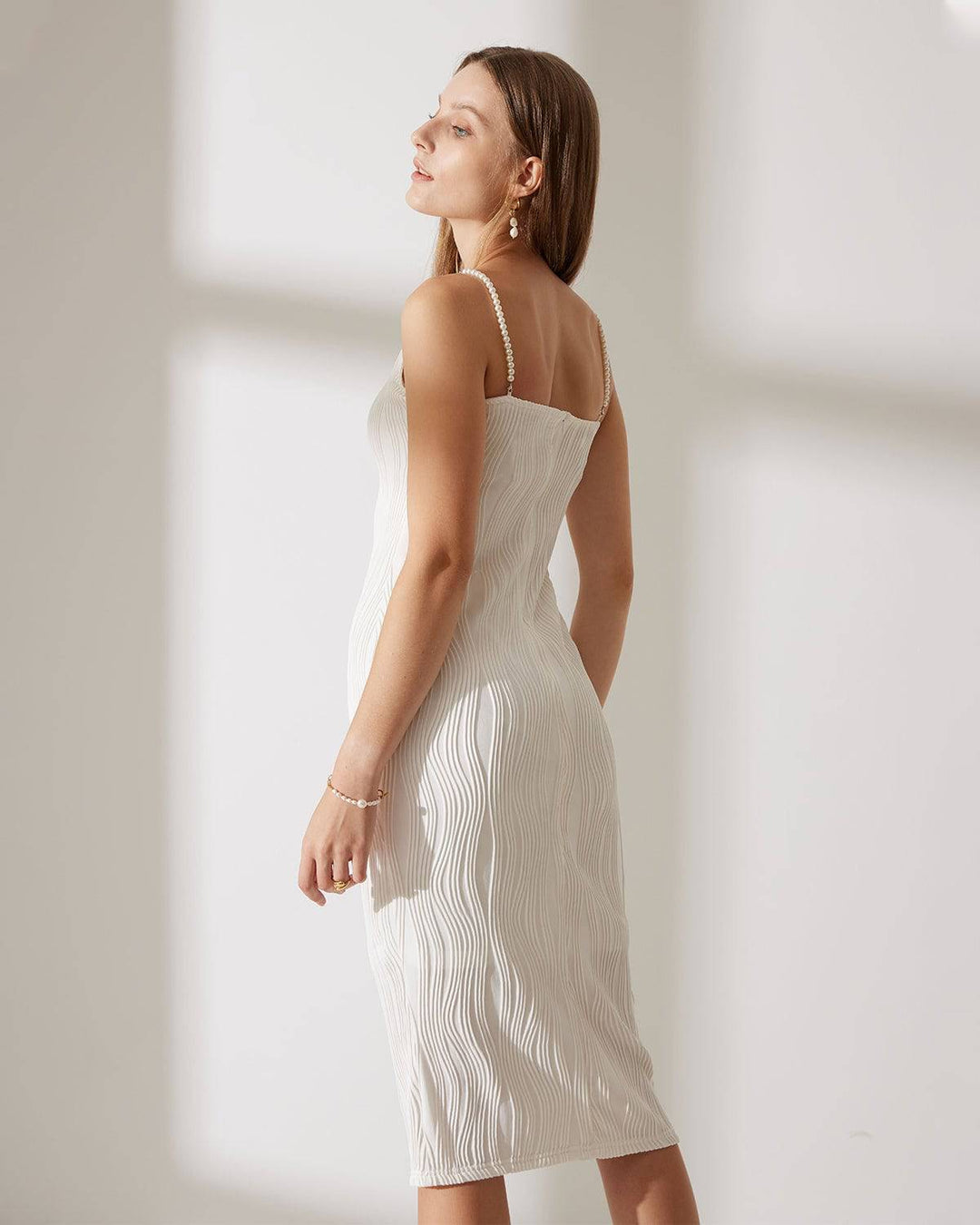Ribbed Midi Dress with Pearl-Embellished Straps