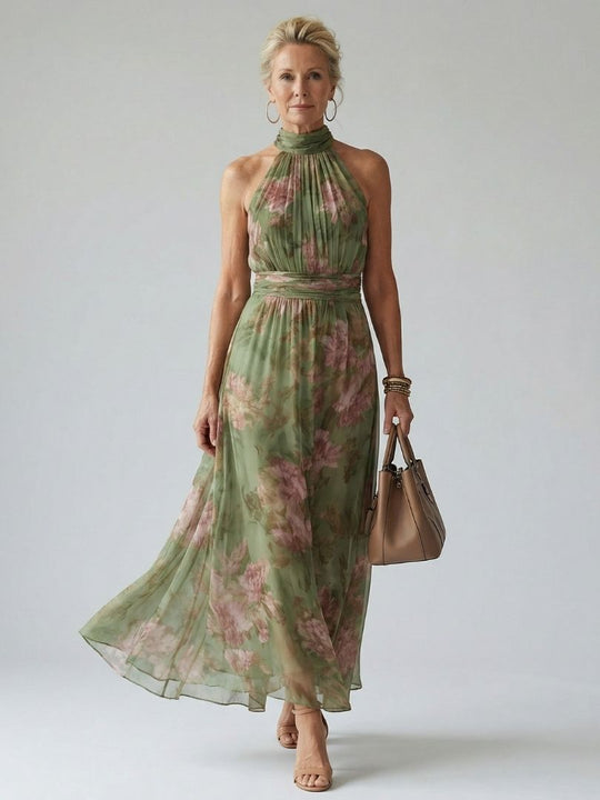 Ruched Halter-Neck Midi Dress