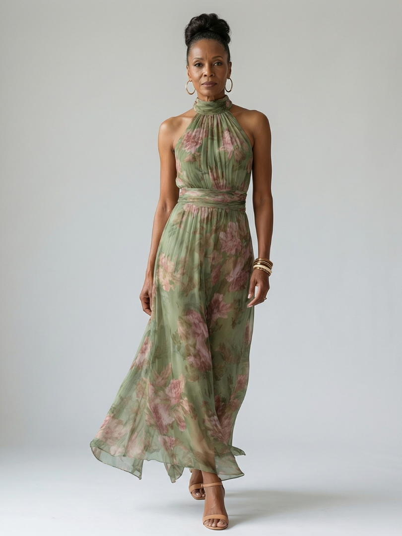 Ruched Halter-Neck Midi Dress