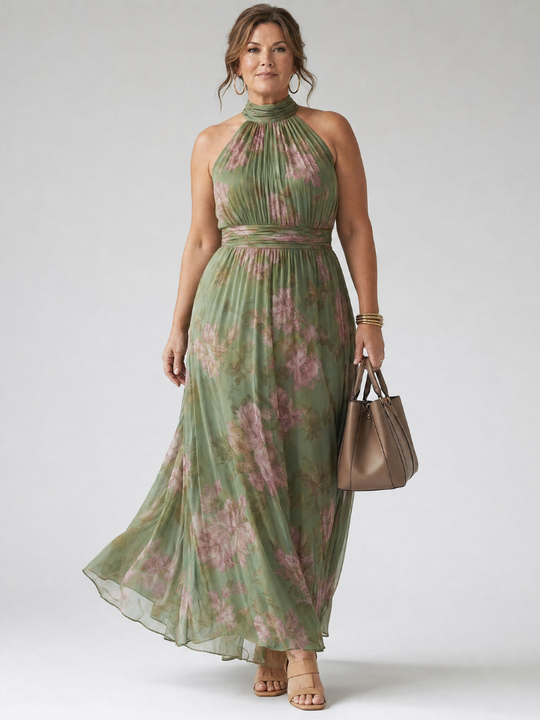 Ruched Halter-Neck Midi Dress