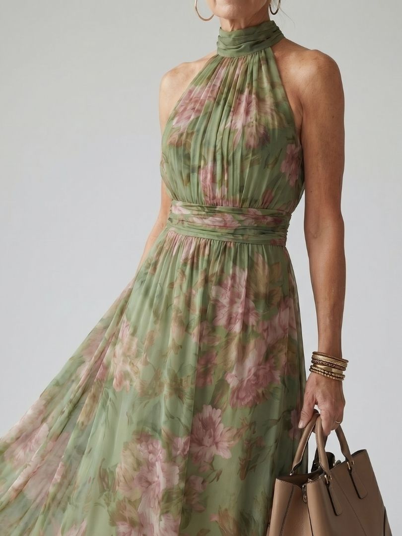 Ruched Halter-Neck Midi Dress