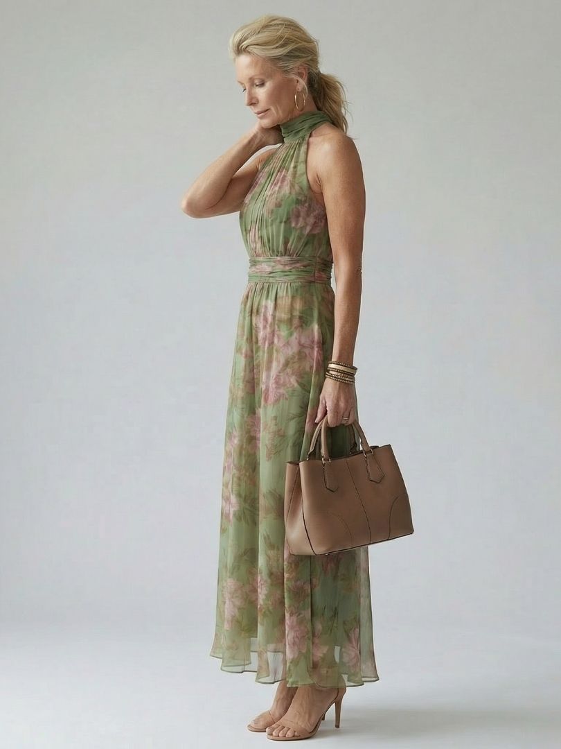 Ruched Halter-Neck Midi Dress