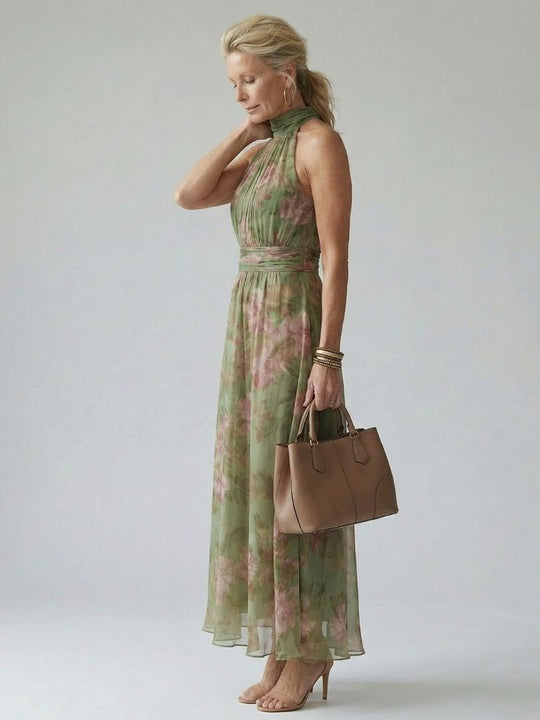 Ruched Halter-Neck Midi Dress