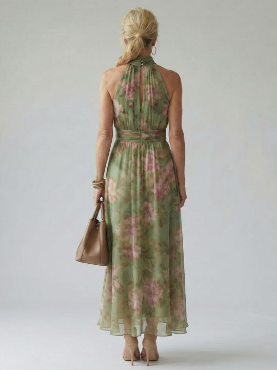 Ruched Halter-Neck Midi Dress
