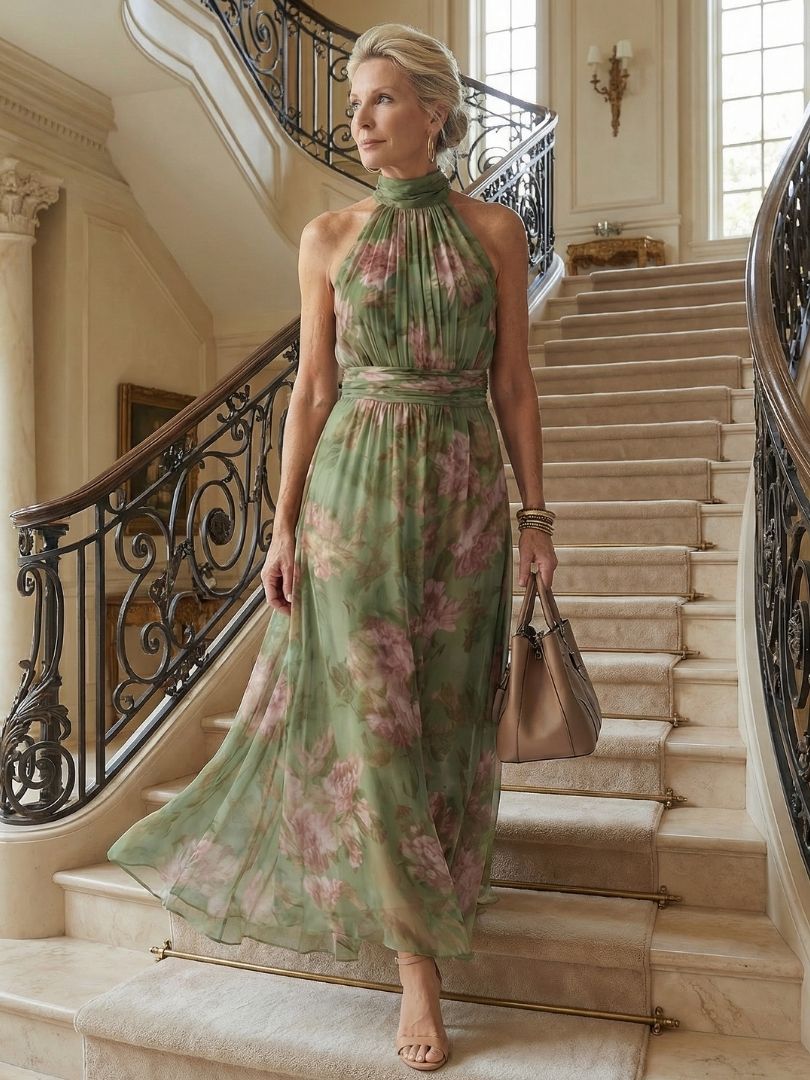 Ruched Halter-Neck Midi Dress