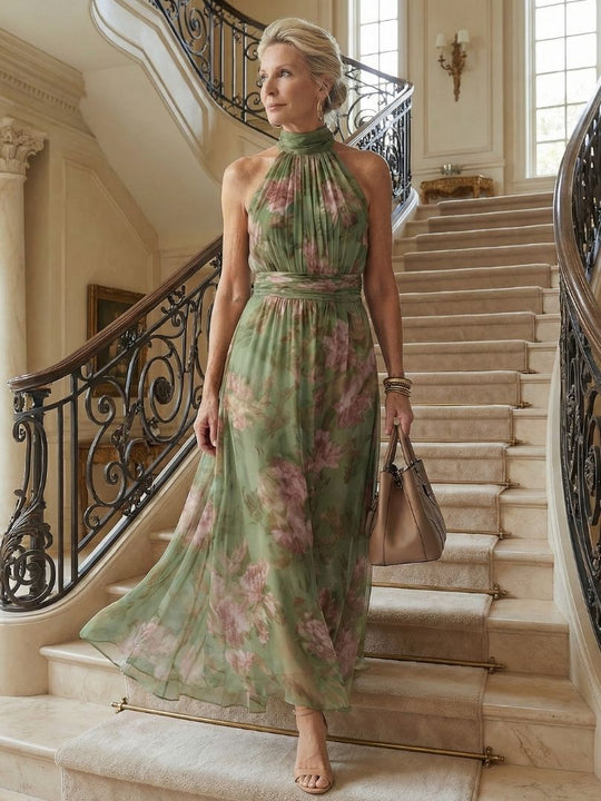 Ruched Halter-Neck Midi Dress