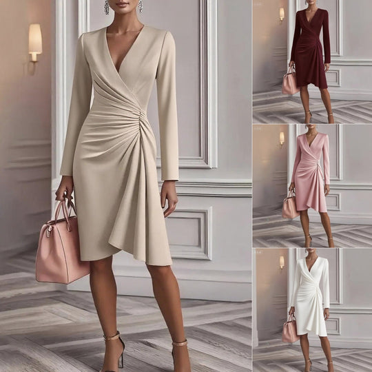 Ruched V-Neck A-Line Midi Dress